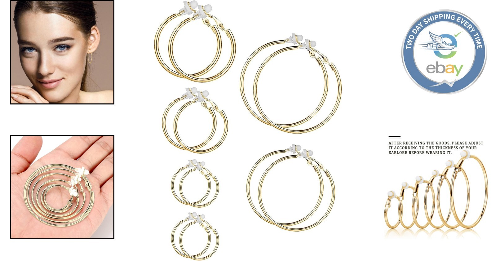 Charming Gold Clip-On Hoop Earrings Set – Hypoallergenic, 6 Count for Women