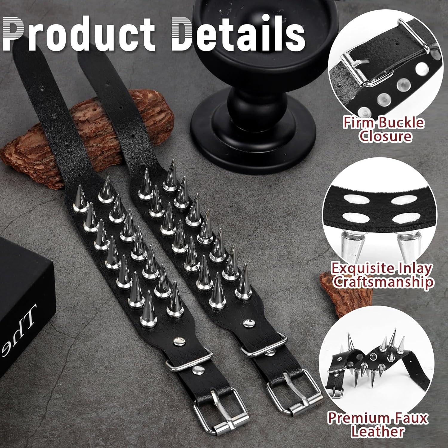 Punk Leather Studded Bracelet Set 2 Pcs Spike Rivet Cuff Wristband Bracelet