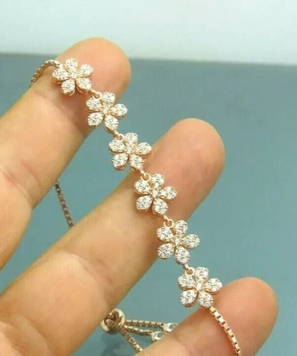 5 Ct Round Simulated Diamond Flower Bolo Chain Bracelet 14K Yellow Gold Plated