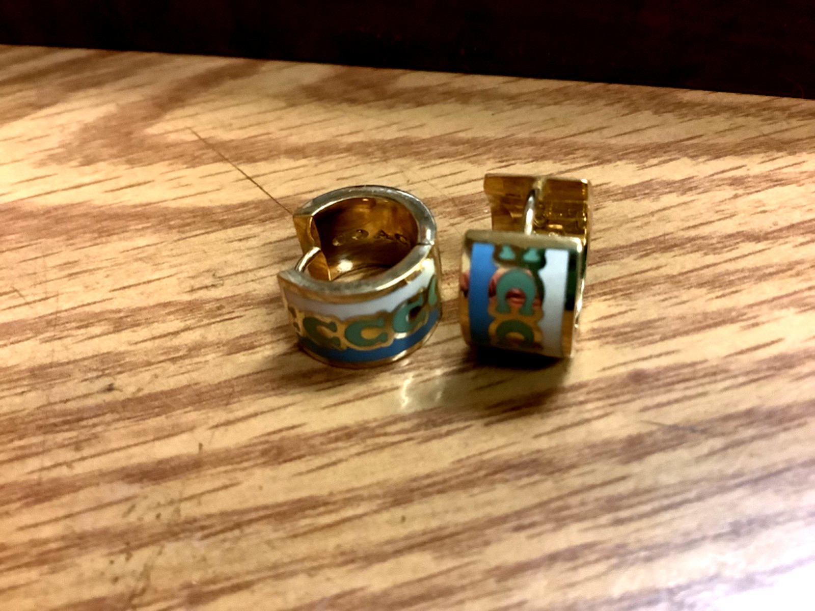 Coach Signature Huggie Gold Earrings Green Blue White Enameled