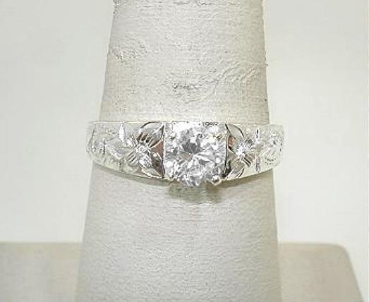SOLID 925 SILVER ENGRAVED HAWAIIAN HERITAGE SCROLLS 0.75CTS CZ FRENCH MOUNT RING