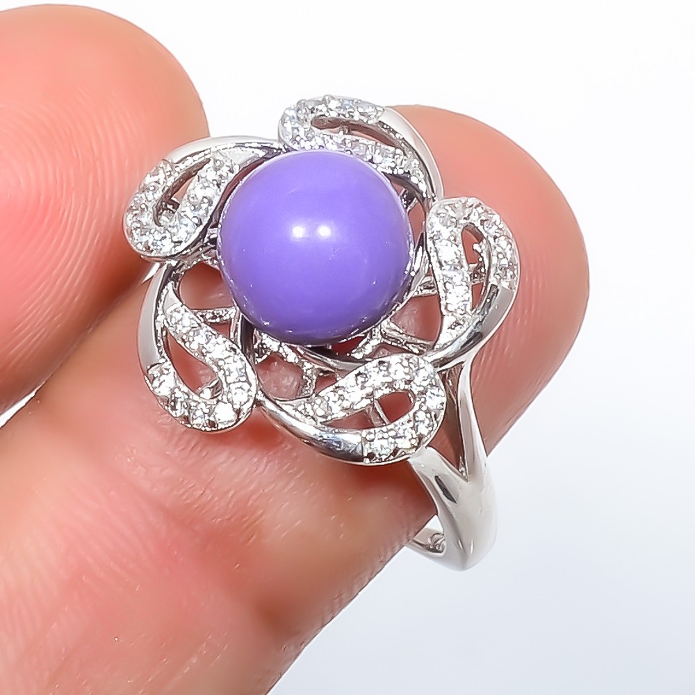 Charoite & White Cz Gemstone 925 Silver Plated Ring Adjustable (83