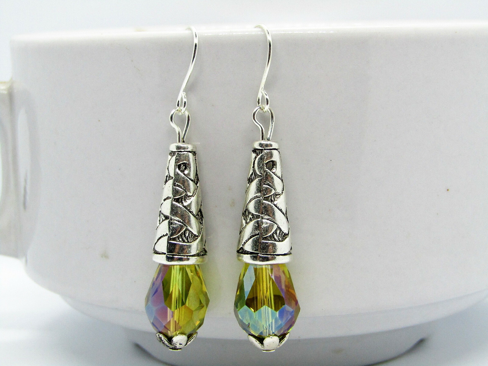 Yellow AB Teardrop Crystal Decorative Cone Silver Dangle Earrings USA MADE