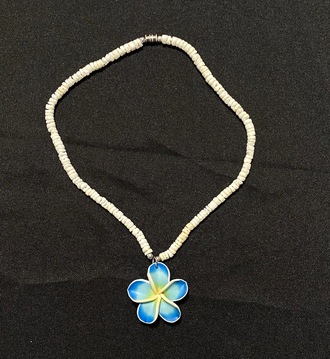White Beaded Necklace, Ball/Bead Chain, Blue Flower Charm Pendant