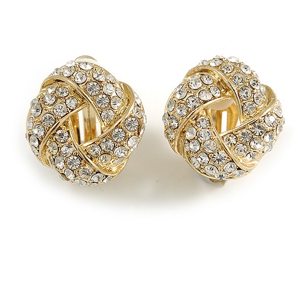 Crystal Donut Clip-On Earrings In Gold Tone – 20mm Diameter/ Clear