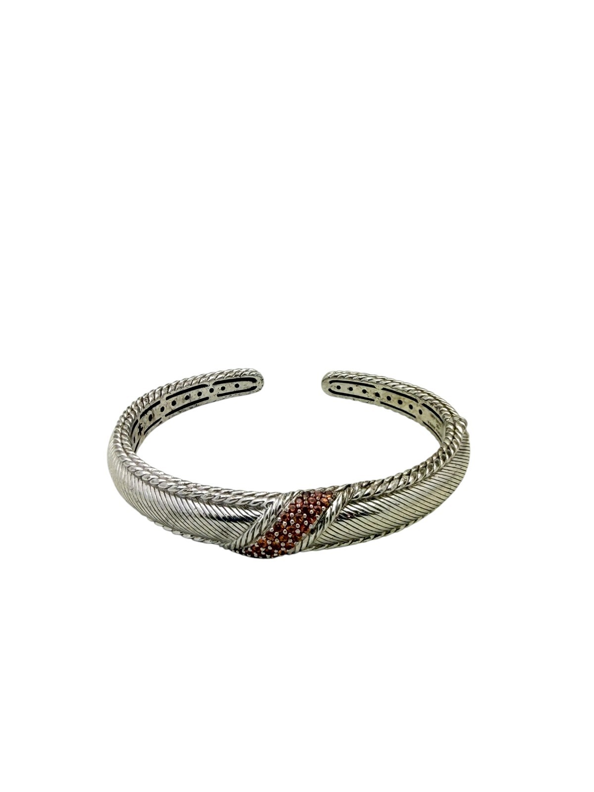 Judith Ripka Sterling Silver Orange Citrine CZ Hinged 11mm Cuff Bangle Bracelet