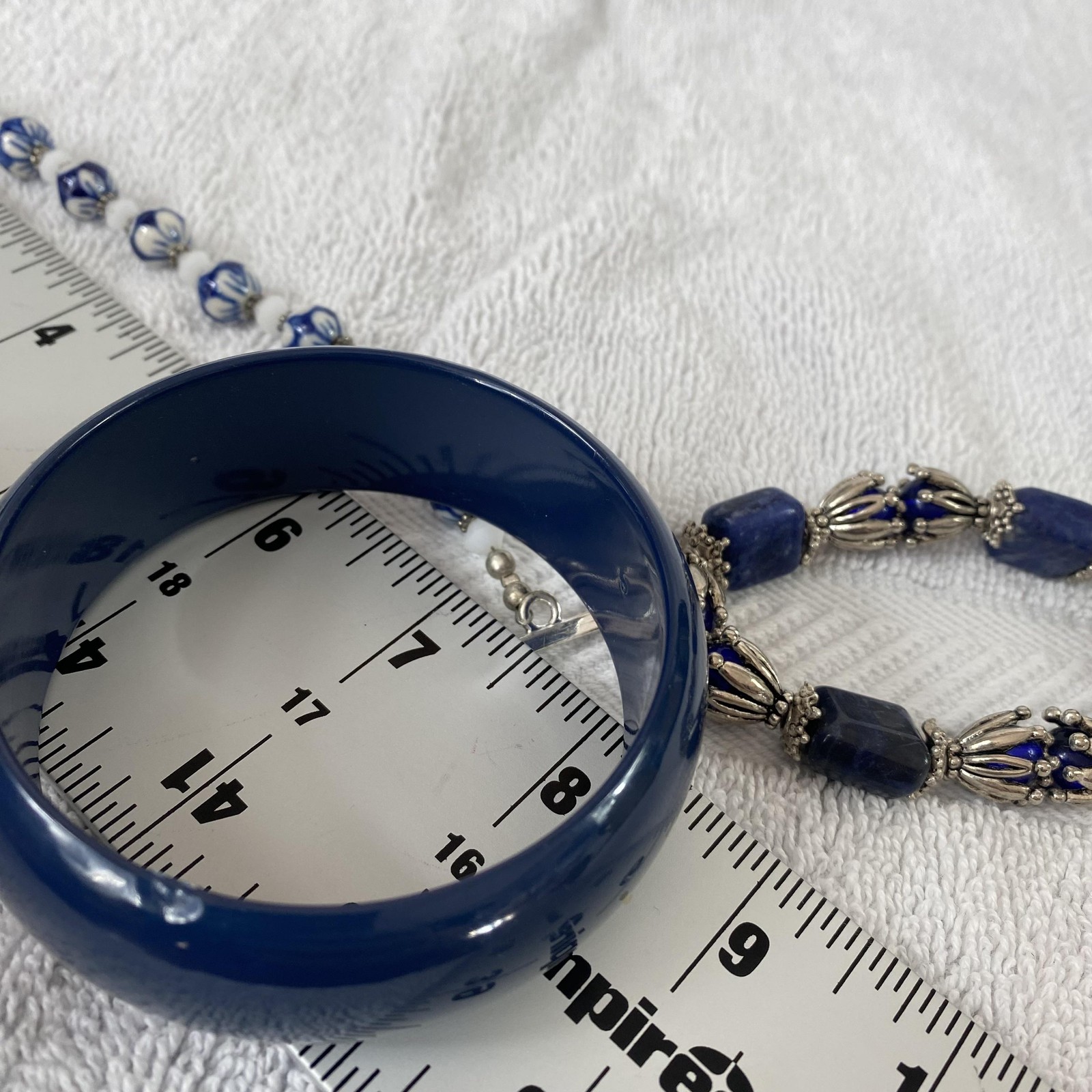 Blue Womens Bracelet Set Lot Of 3 Bangle Gemstone Porcelain Beads Boho 7.8 In