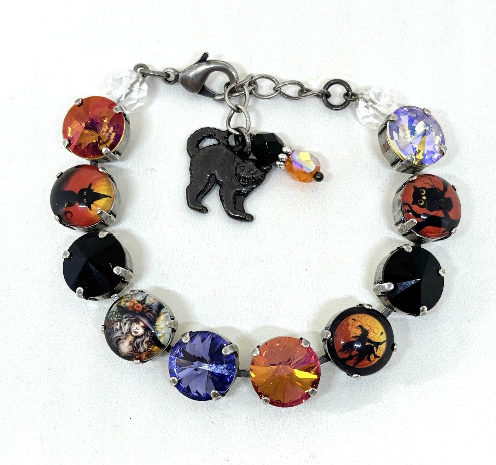 Orange Halloween Witch Cup Chain Statement Bracelet With Jet Black Crystals