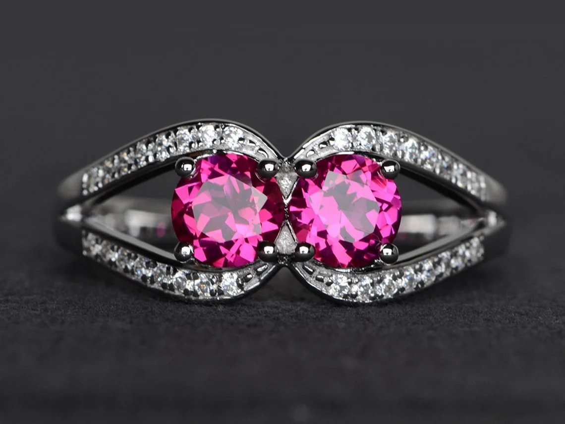 2CT Pink Round Ruby Lab Created 925 Silver Plated Statement Ring Duty Free