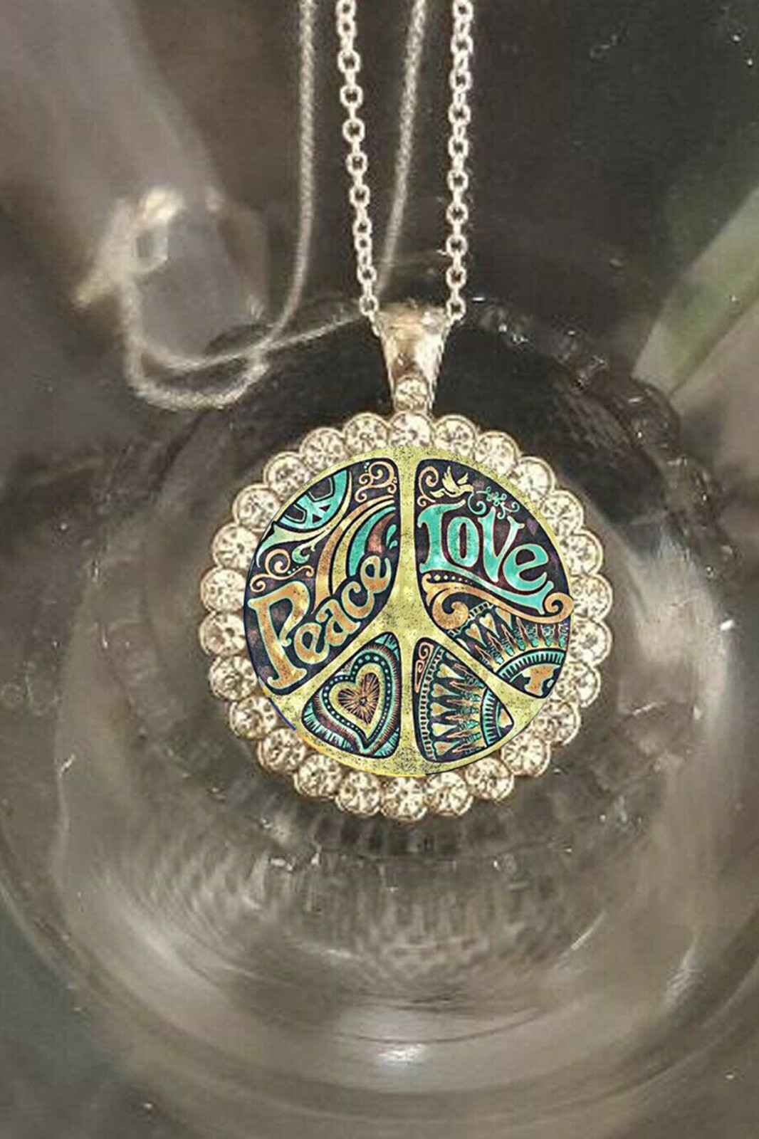 Peace and love hippie design boho nature silver necklace fast free shipping