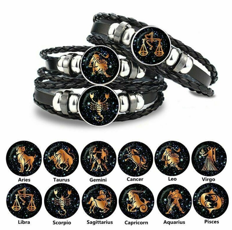 12 Signs Zodiac Horoscope Astrology Spiritual Magic Leather Bracelet Wristband