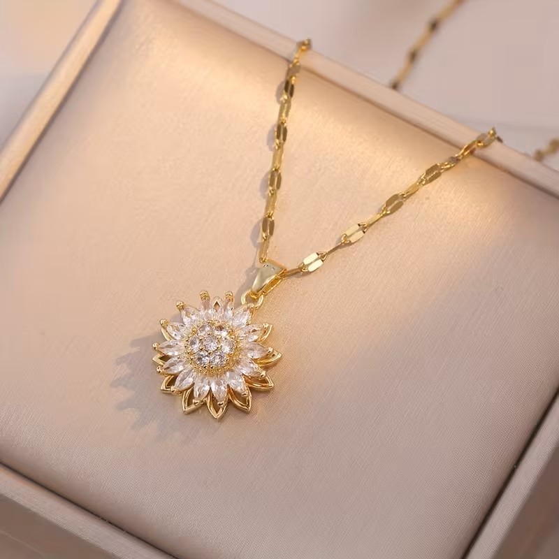 Gold Sunflower Pendant Necklace Rotating Charm Dainty Floral Jewelry Gift