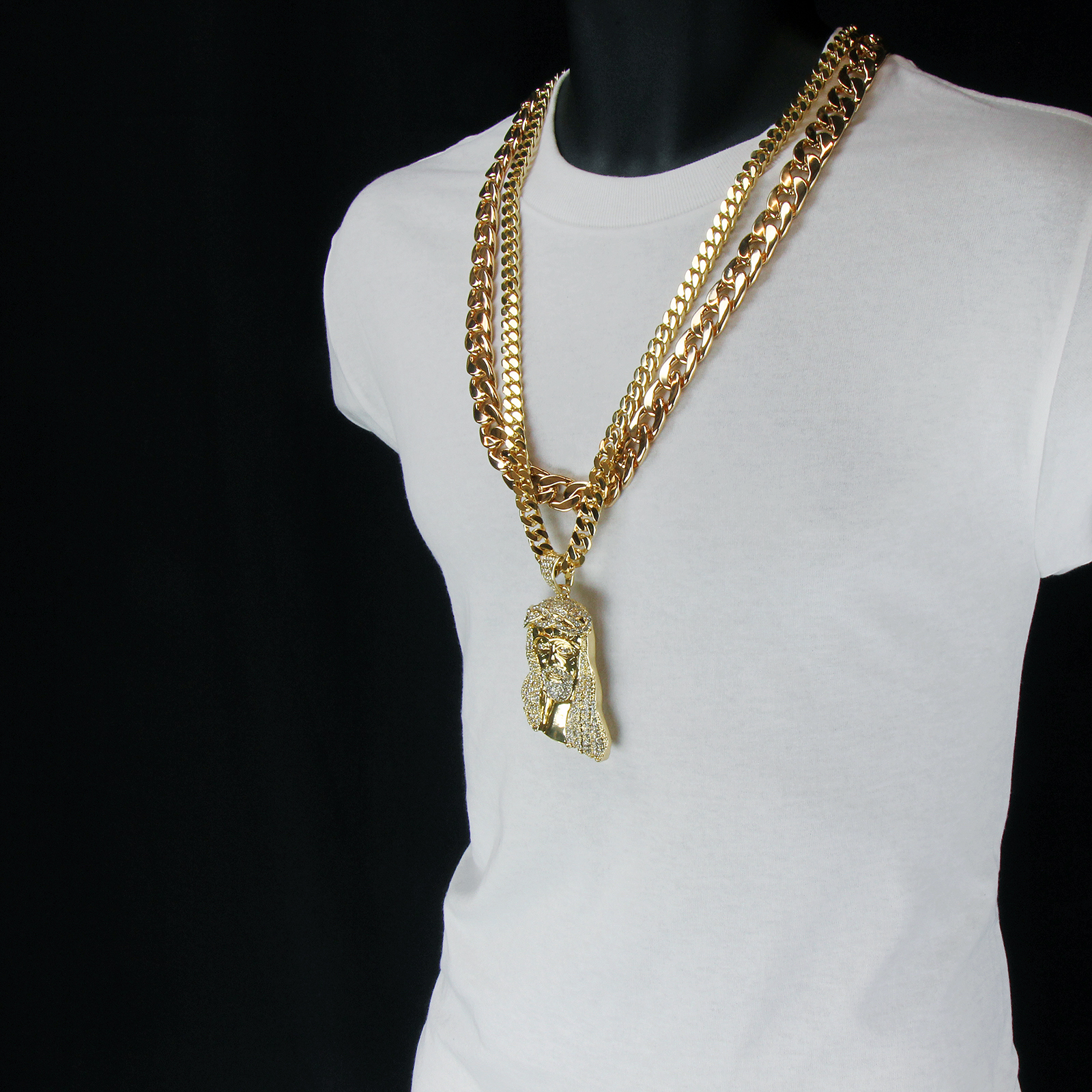 Gold Plated Jesus Piece Pendant Cubic-Zirconia Two 30″ Cuban Chain