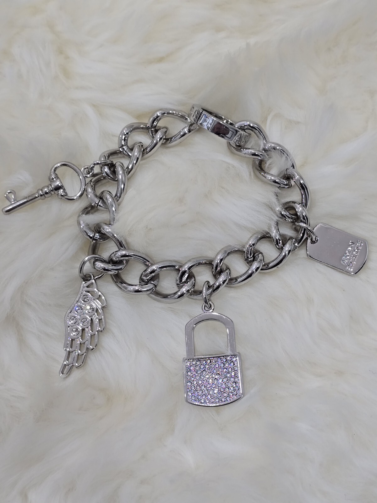 Armani Exchange Chain Bracelet Stainless Steel Silver Charms Push Lock BNWT