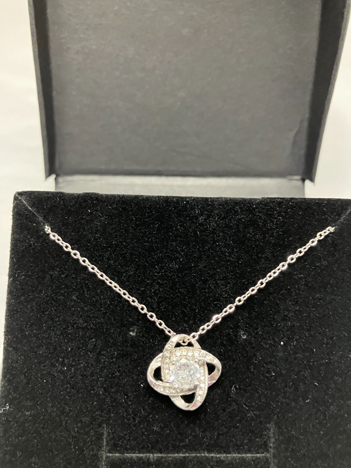 Love Knot Necklace 14k white gold over stainless steel 6mm round CZ Stone