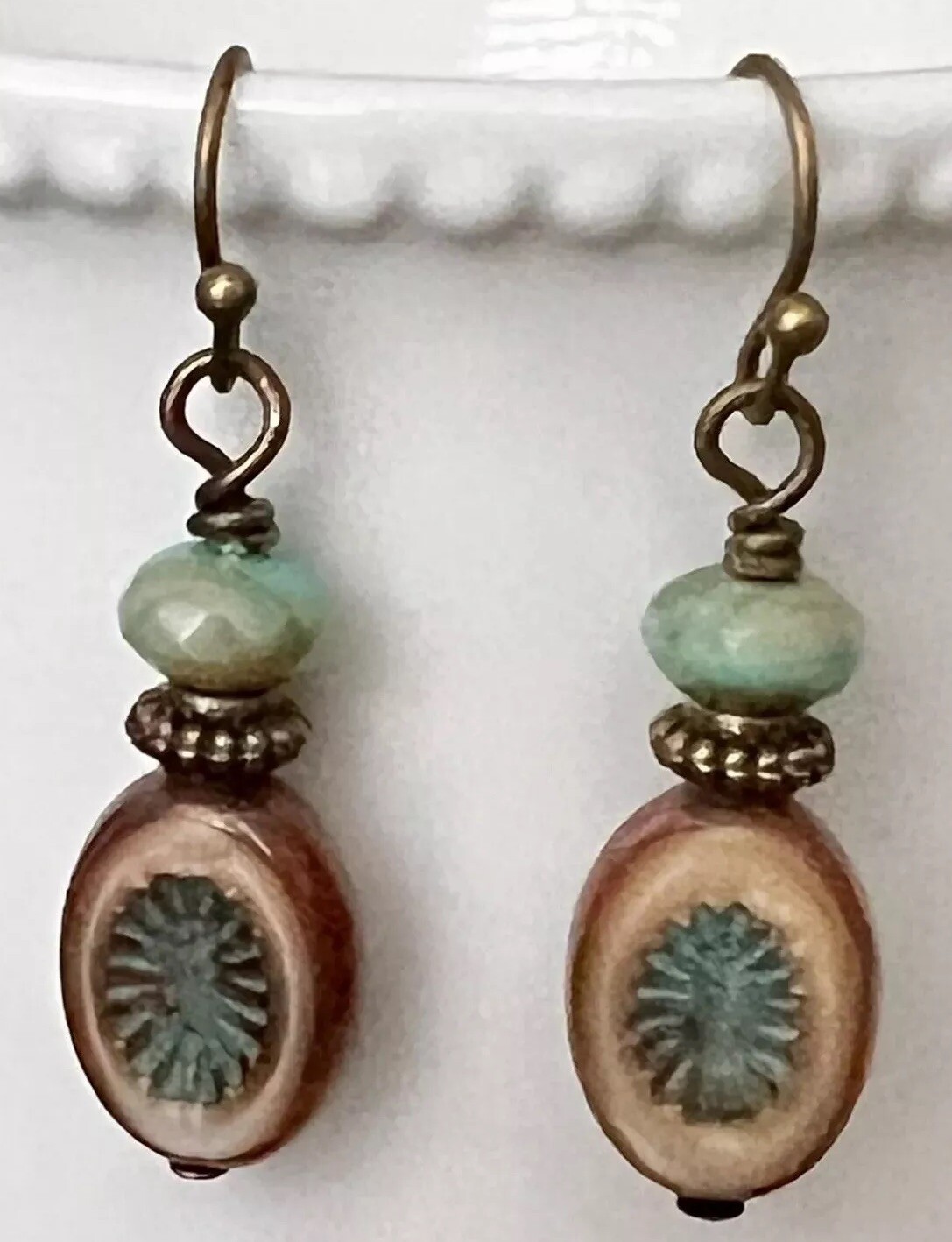 Beautiful Bronze Earrings with Rustic Light Green and Beige Picasso Czech Beads.
