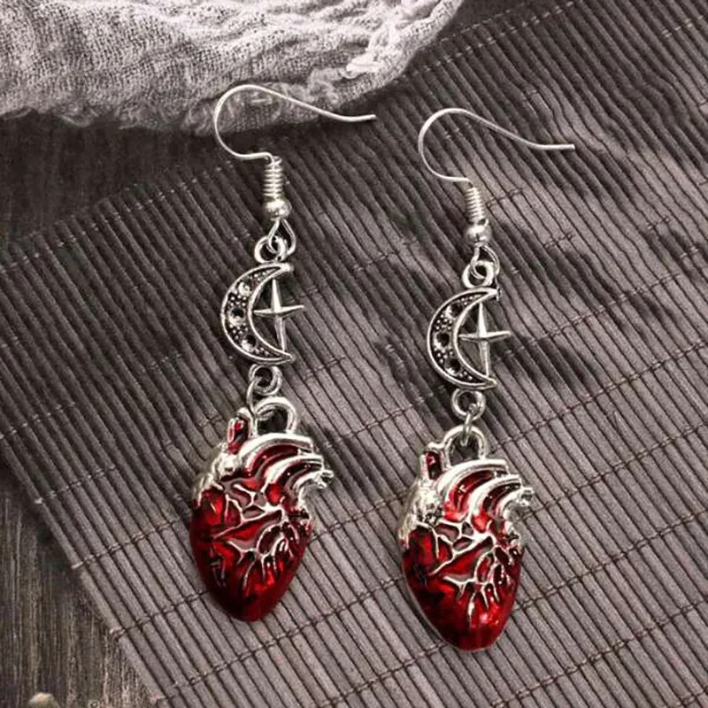 Gothic Anatomical Heart Moon Earrings Vampire Grunge Punk Witchy Drop Jewelry