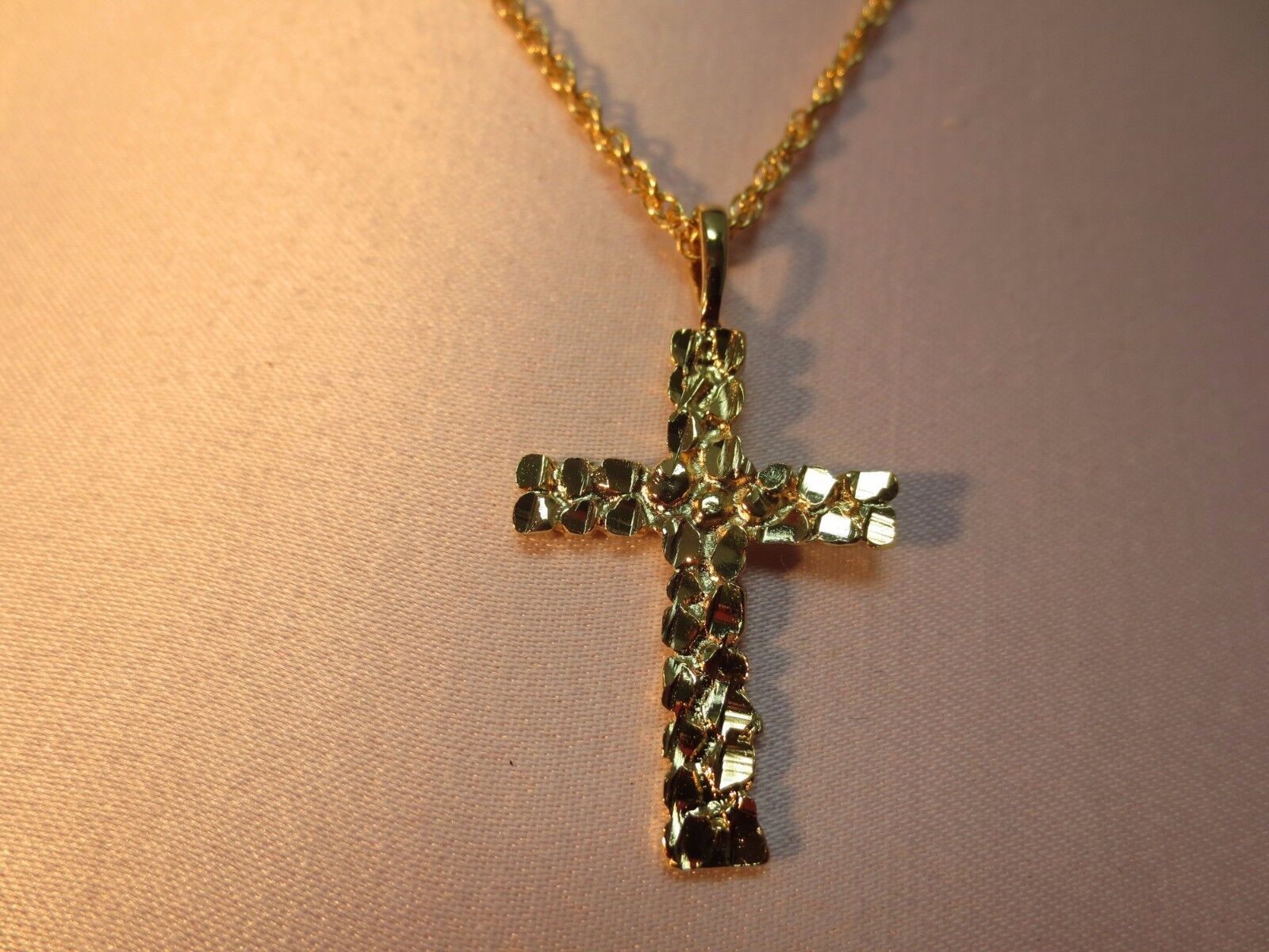 14 KT GOLD PLATED NUGGET CROSS CHARM W/ 16-30″ 14kt GOLD EP ROPE CHAIN -2042