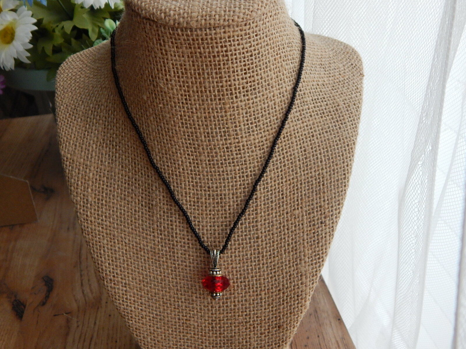 Handmade red glass bead pendant with black Czech seed beads necklace, 16 in