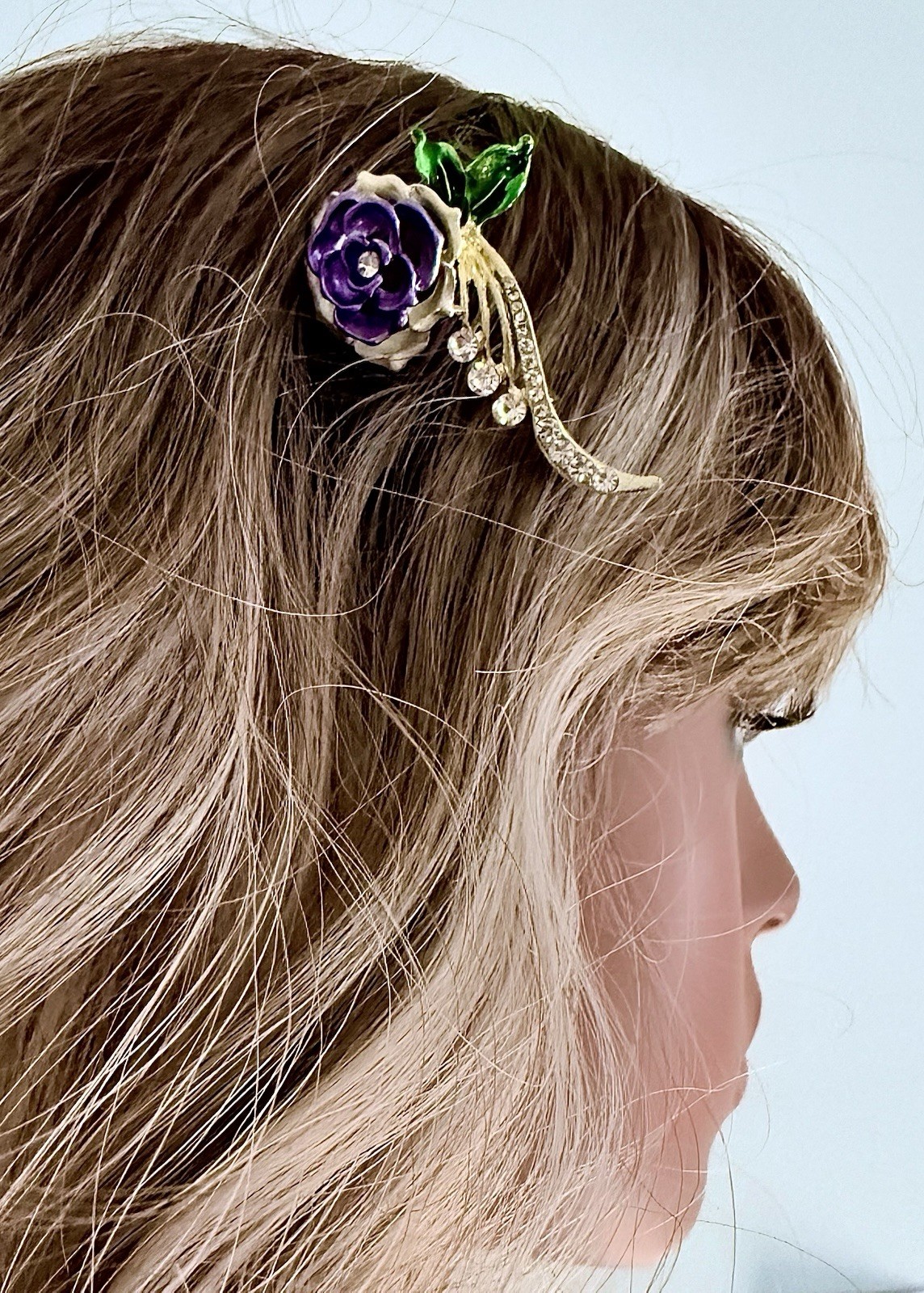 Vintage Inspired Purple Flower Brooch Pin Rhinestones Green Enamel Leaves Gift