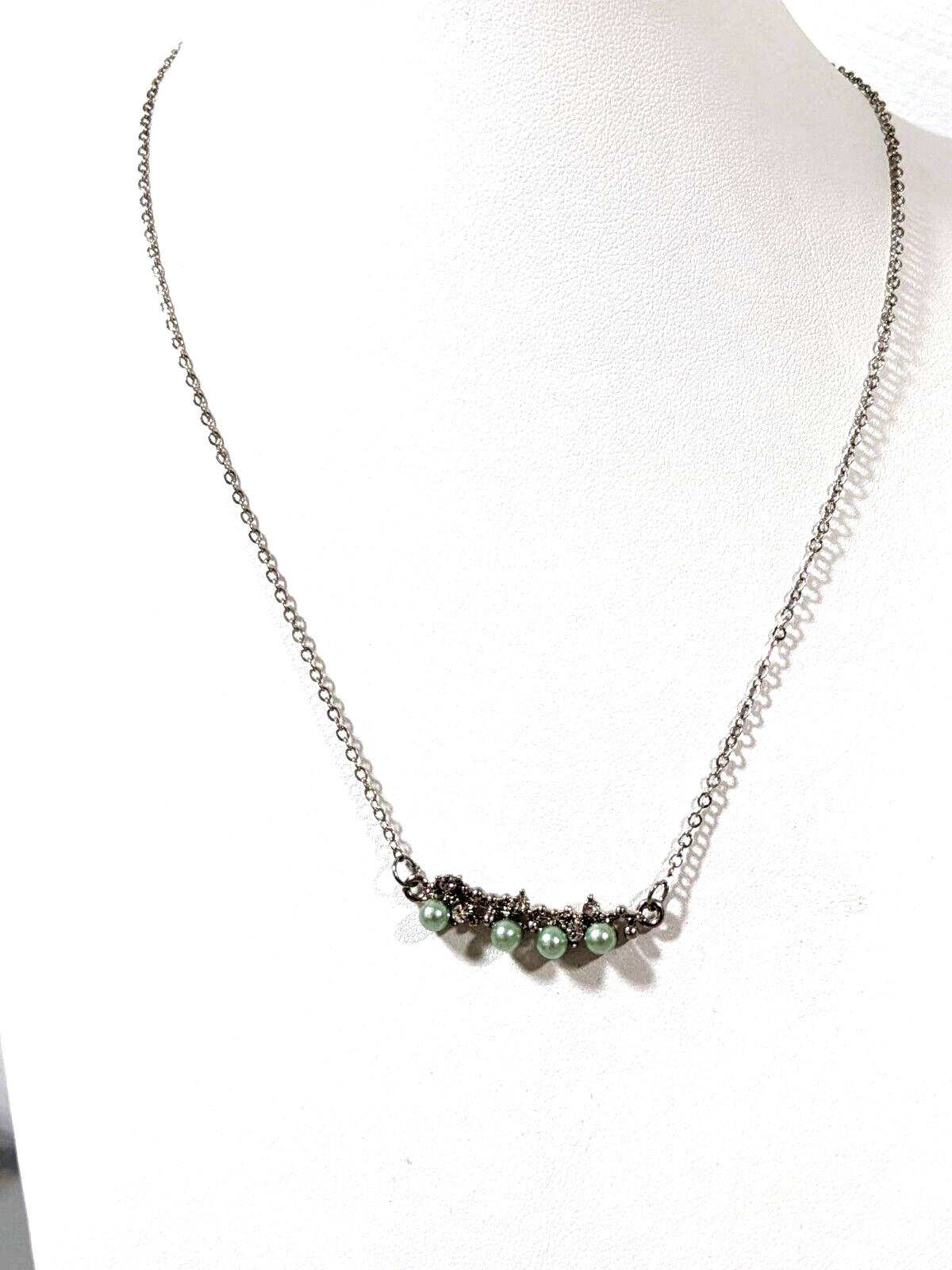 Silver Tone Green Faux Pearl Crystal Bar Pendant Necklace 19 inches