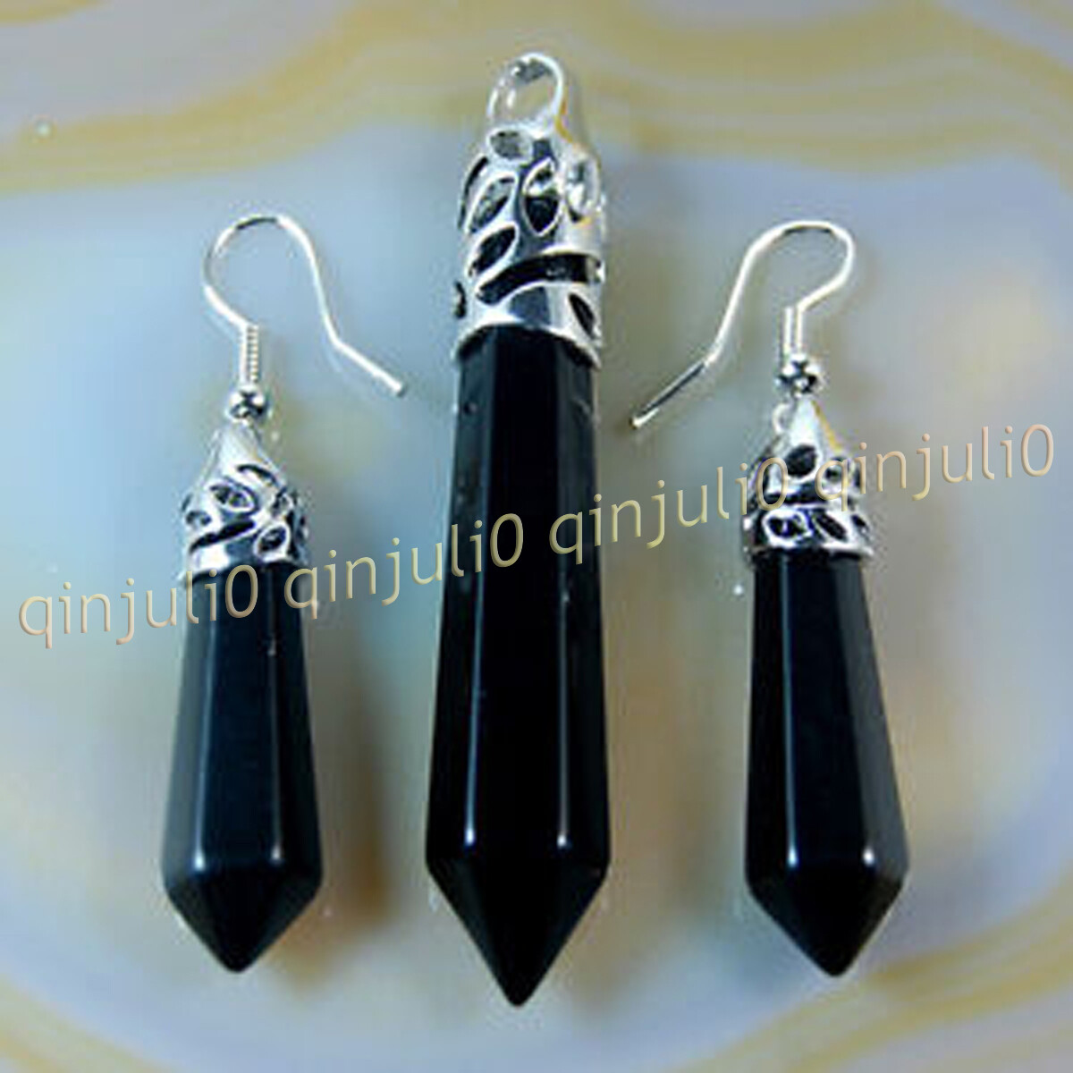 1 Set Natural Gemstones Hexagonal Pointed Reiki Chakra Pendant Earrings Jewelry