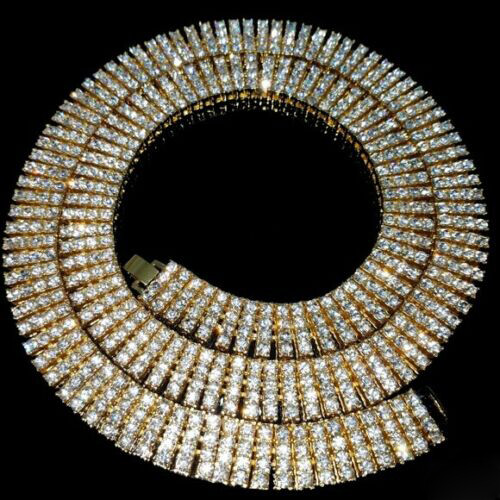 Hip Hop Gold PT Iced 4 Row Lab Diamonds 15mm 30″ Pharaoh Tennis Chain Necklace