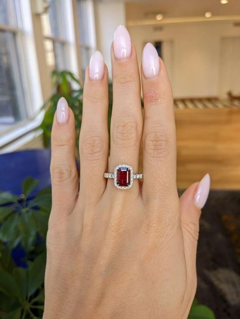 2.20 Ct Emerald Cut Natural Ruby & Diamond Wedding Ring 14K White Gold Size 8