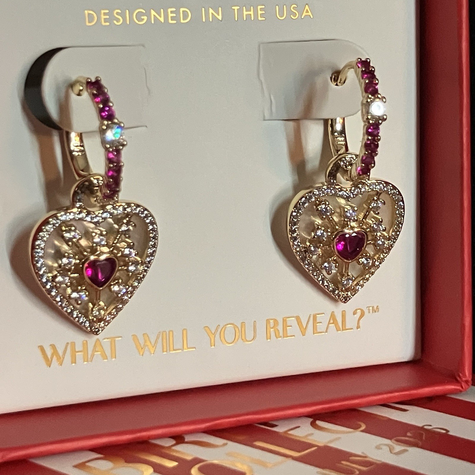 Bomb Party Pink Ruby “Hearts On Fire” Removable Charm Hoop Earrings ER84092 Gold