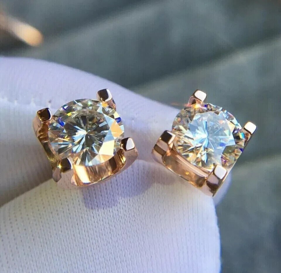 2CT Round Cut Simulated Diamond Stud Solitaire Earrings 14k Yellow Gold Finish