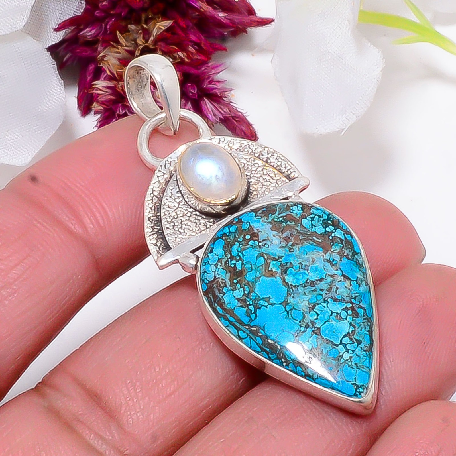 Turquoise & Rainbow Moonstone – India 925 Sterling Silver Pendant 2.11″ Sku21