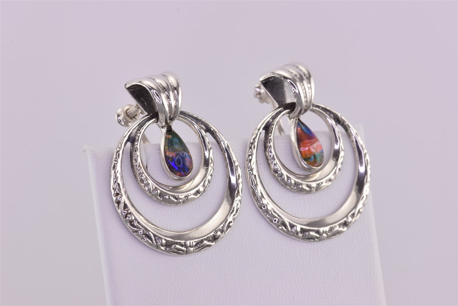 Sterling Silver 33mm Carved Doorknocker Foil Art 925 Mex Screw Back Earrings