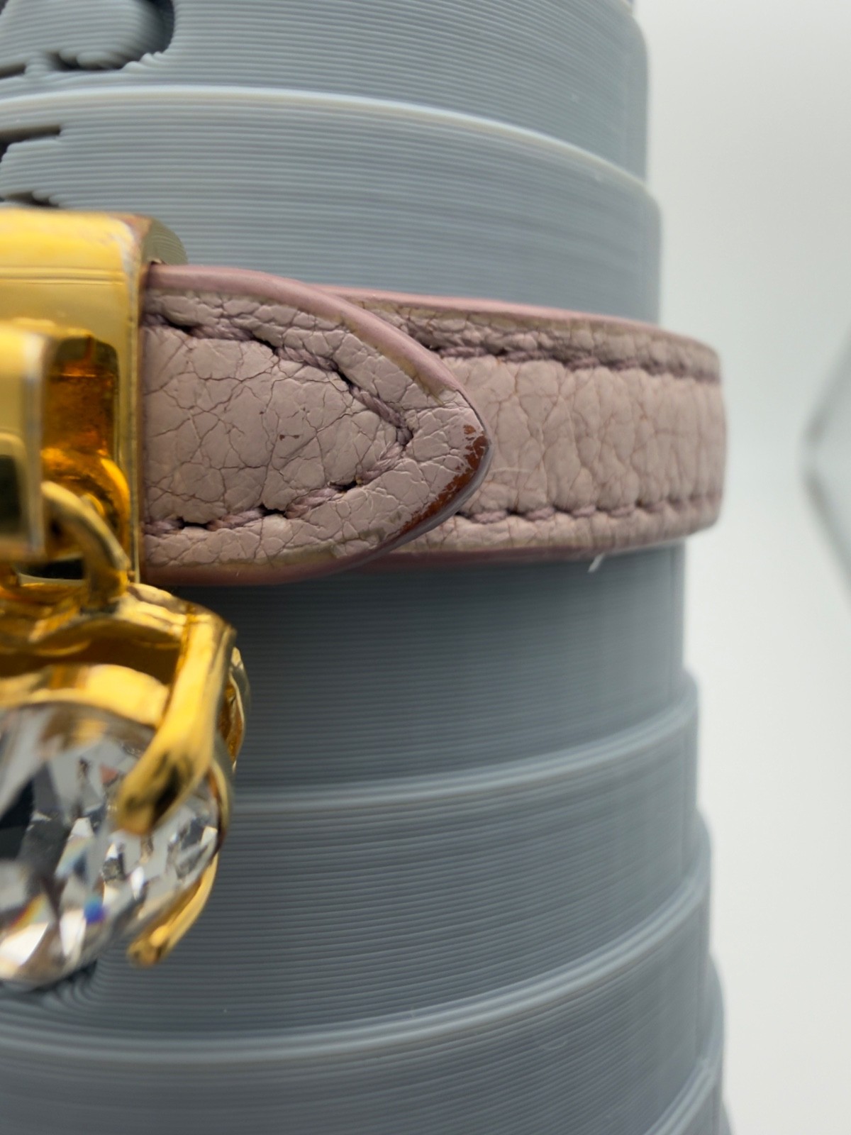 Authentic Miu Miu Pink Beige Leather Bracelet Crystal Charm Gold Tone Hardware