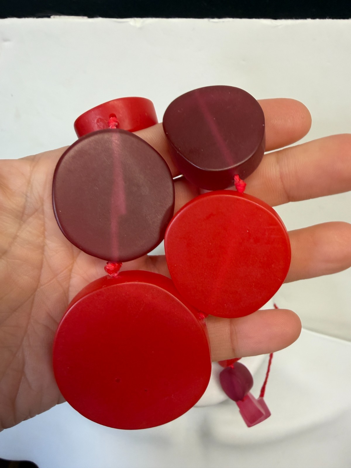 Wearable Art Necklace Frosted Lucite Disc Red Circles 28 inches