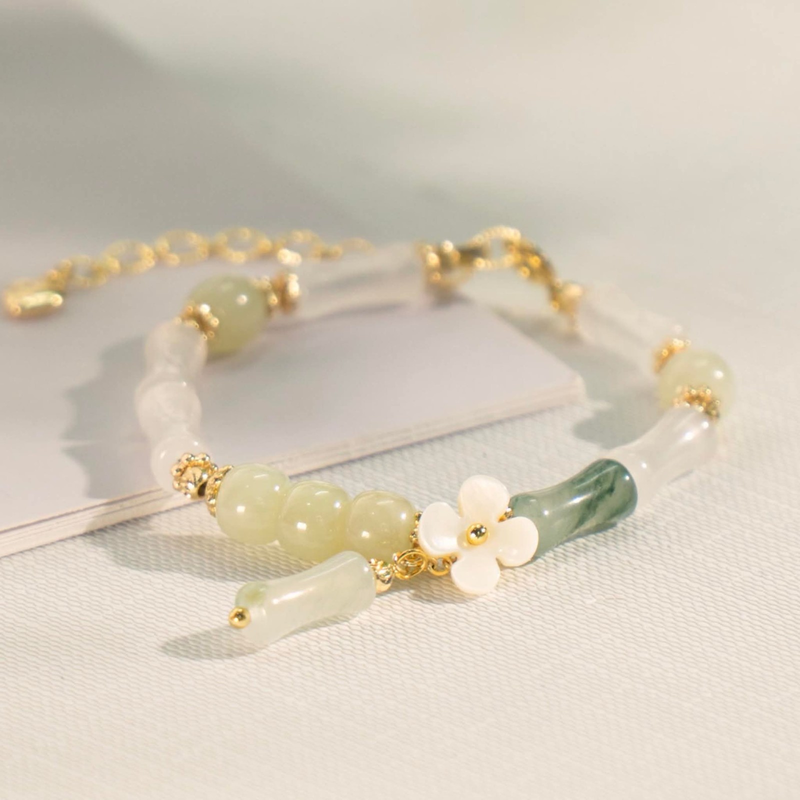 Genuine Hetian Jade Bracelet Bamboo Style Mother of Pearl Flower Gold Plated