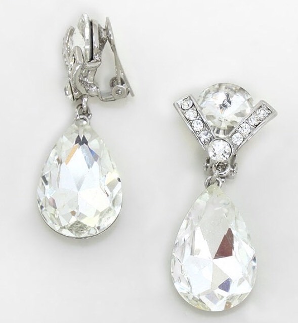 2.25″ Long CLIP ON Rhinestone Crystal Clear Silver White Wedding Dangle Earrings
