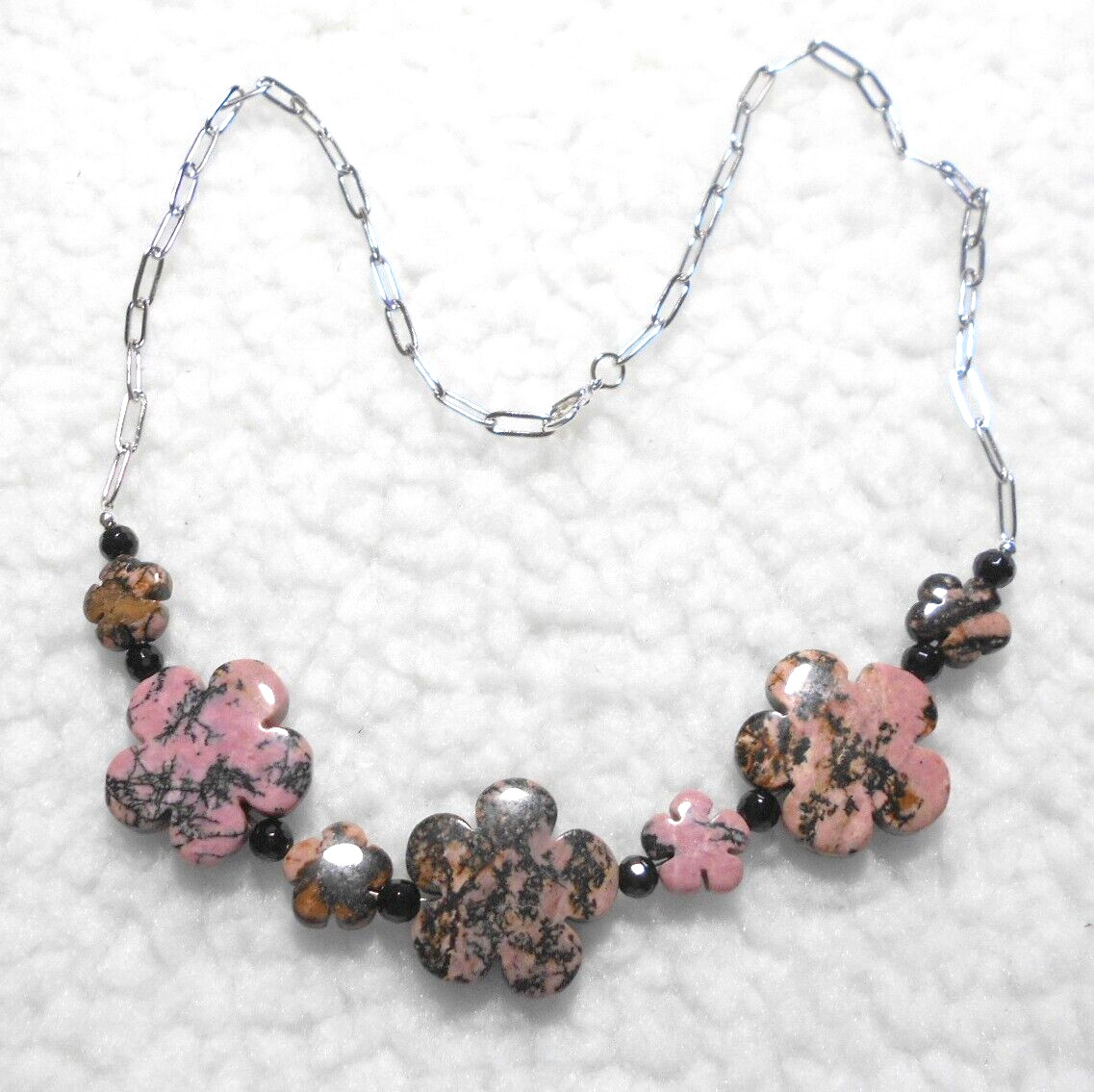 Rhodonite Flower beads necklace, silver links, 24″, 61cm long adj. Handmade.