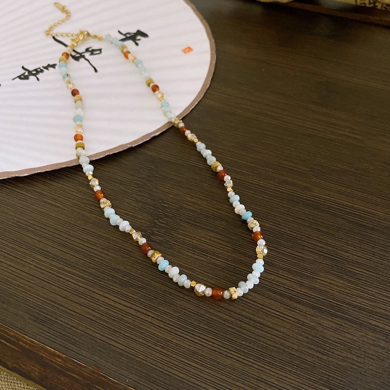 Ethnic-style natural stone and crystal beaded necklace