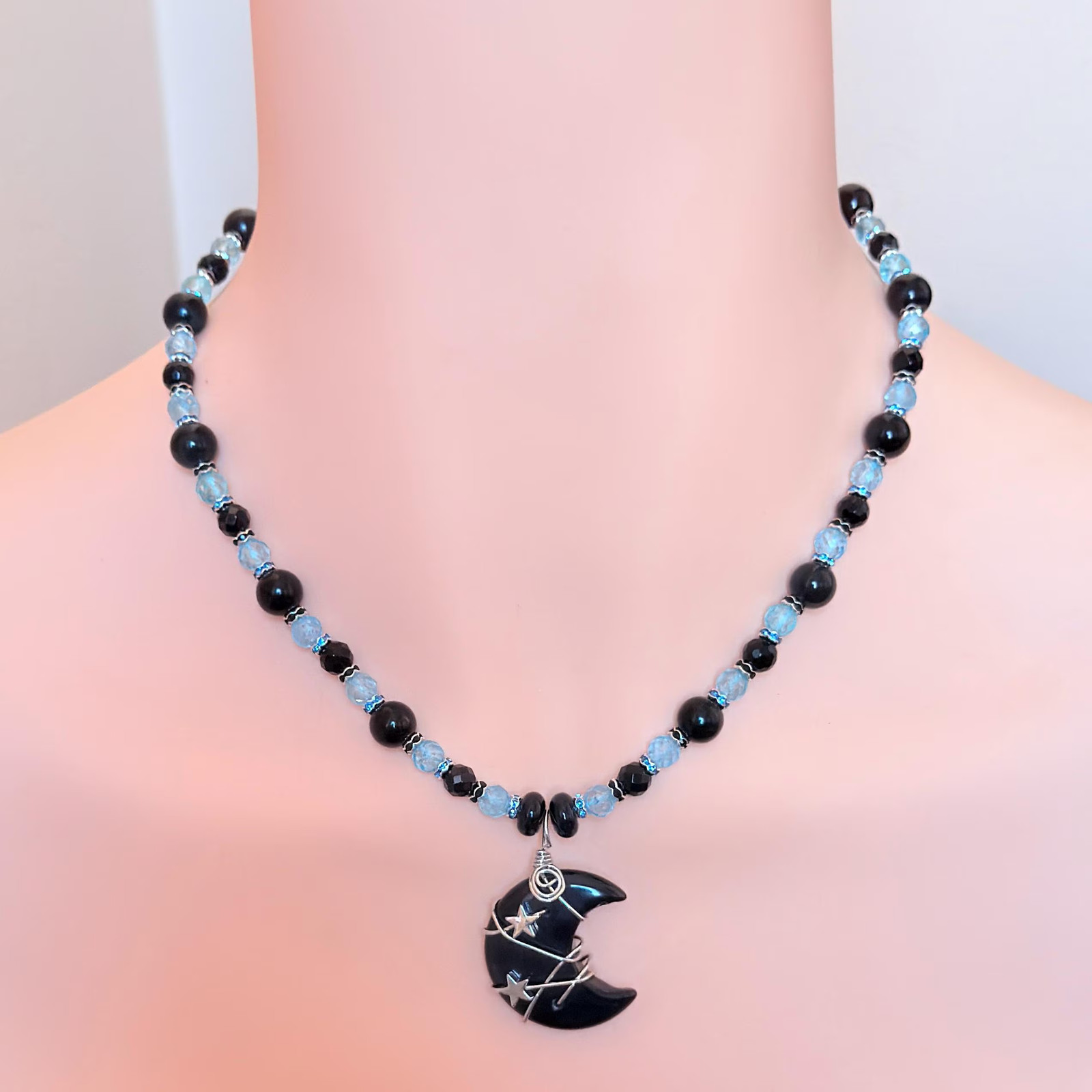 Crescent Stone Wire-Wrapped Pendant | Onyx and Topaz Gemstone Necklace