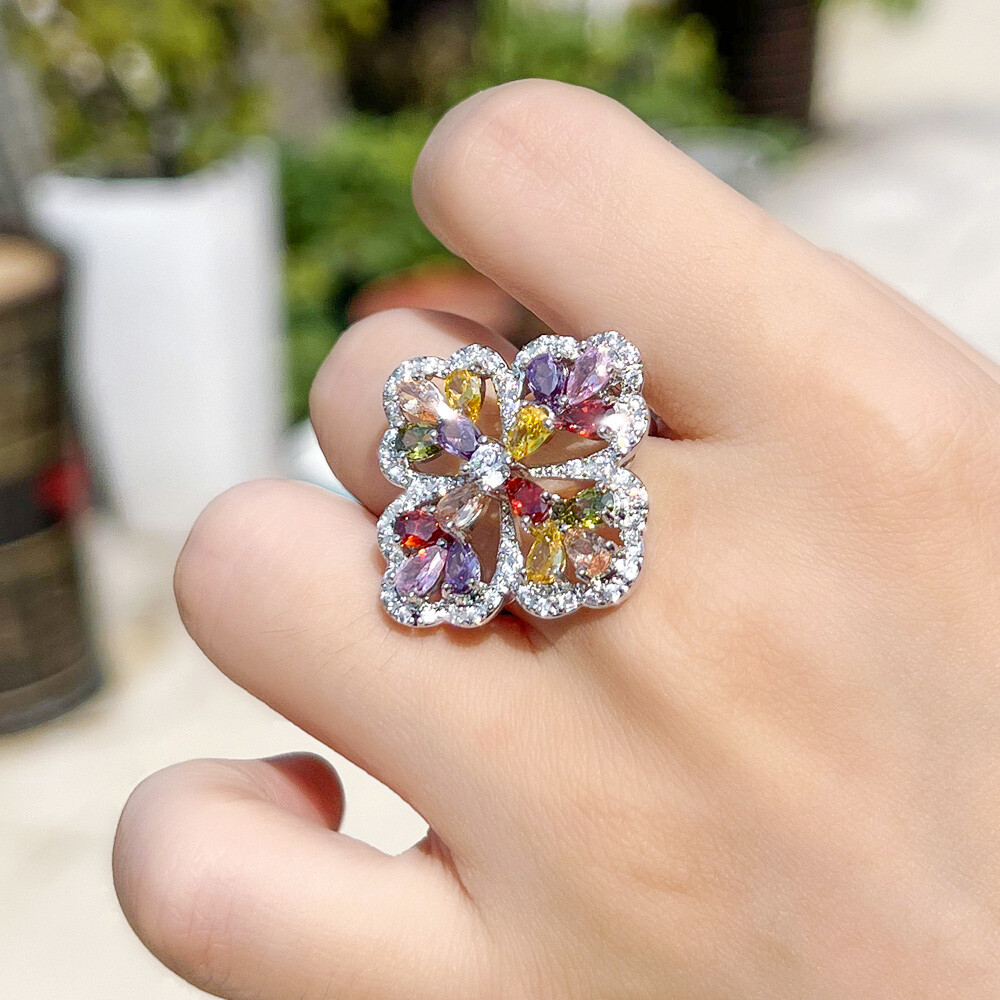 Silver Plated Blue CZ Crystal Flower Statement Women Chunky Flower Party Ring
