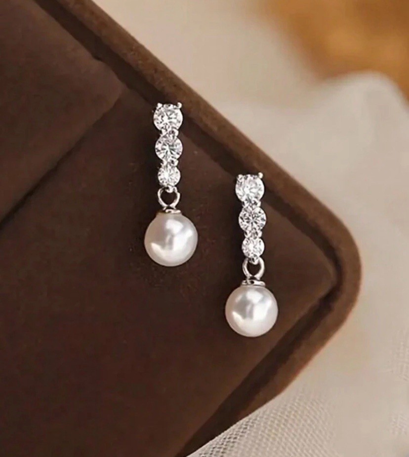 Pearl & Cubic Zirconia Drop Dangle Earrings – Silver Jewellery