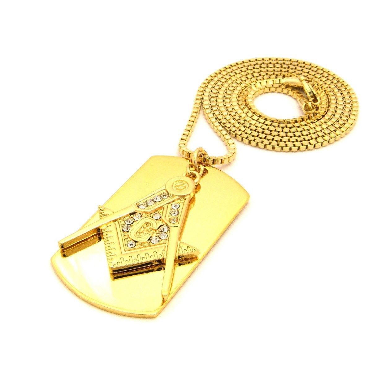 Iced FREEMASON MASONIC & Dog Tag Pendant & 2mm 24″ Box Chain Bling Necklace