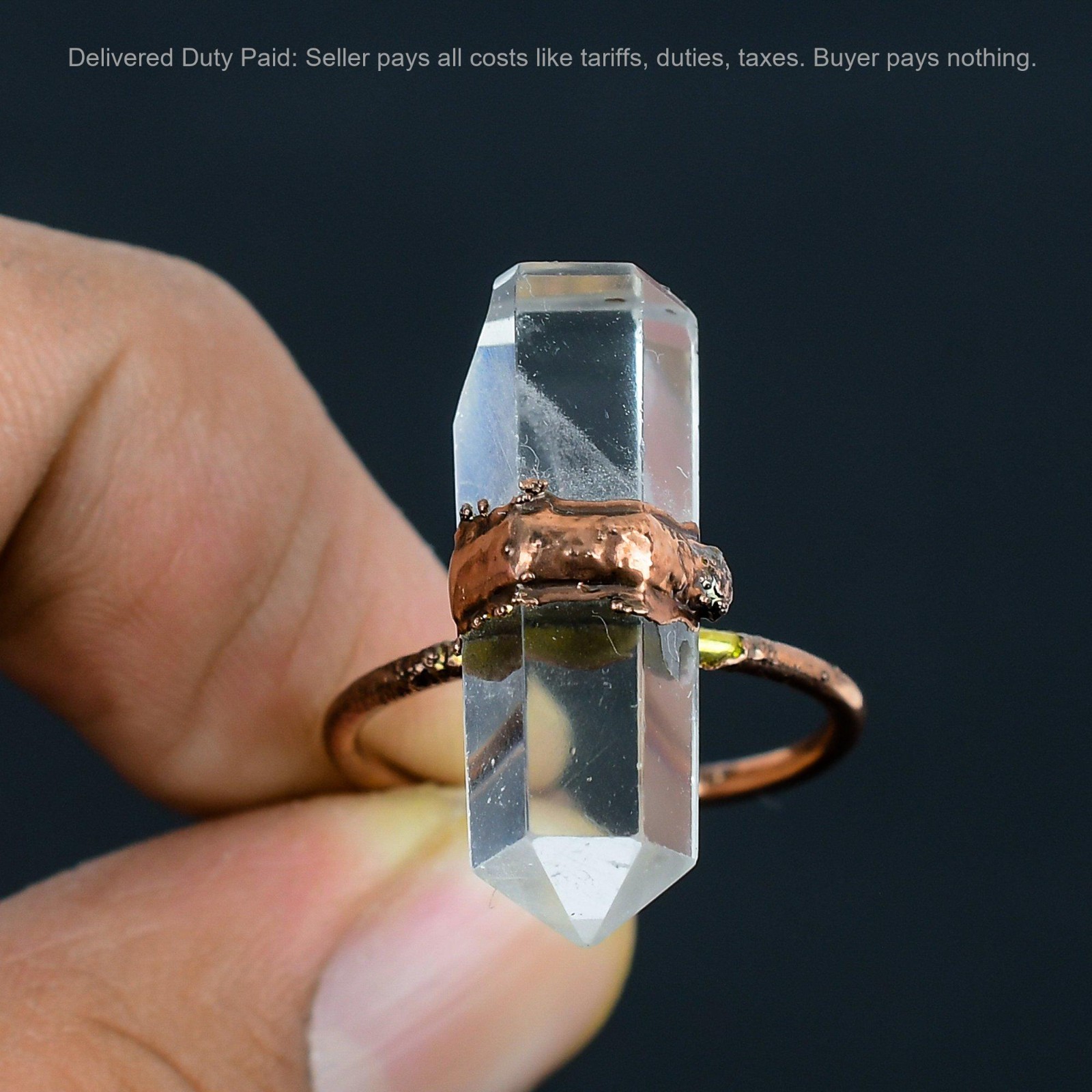 Copper Pentagon Crystal Gemstone Electroformed Stackable Statement Ring Jewelry