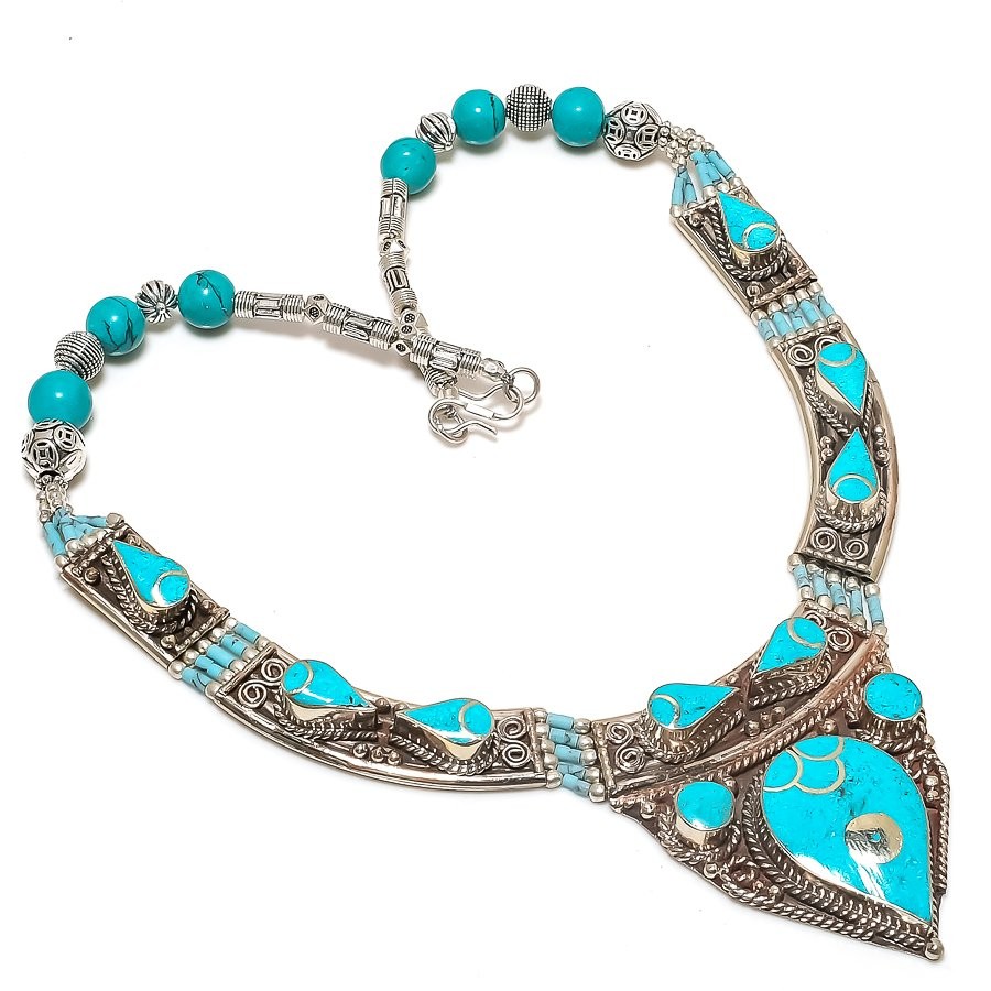 Turquoise Gemstone Necklace Tibetan Nepalese Handmade Nepali Jewelry 18″ N11