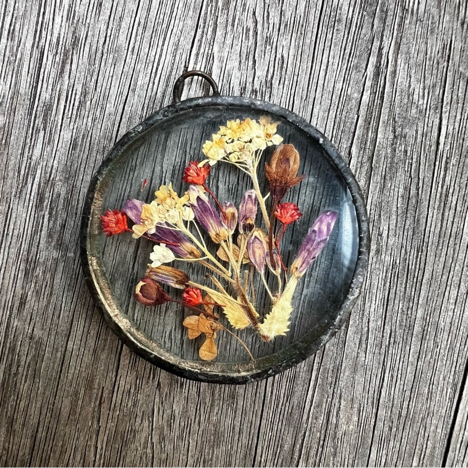 Vintage Glass Pressed Flowers Pendant Terrarium Jewelry Dried Flowers Boho 1.75″