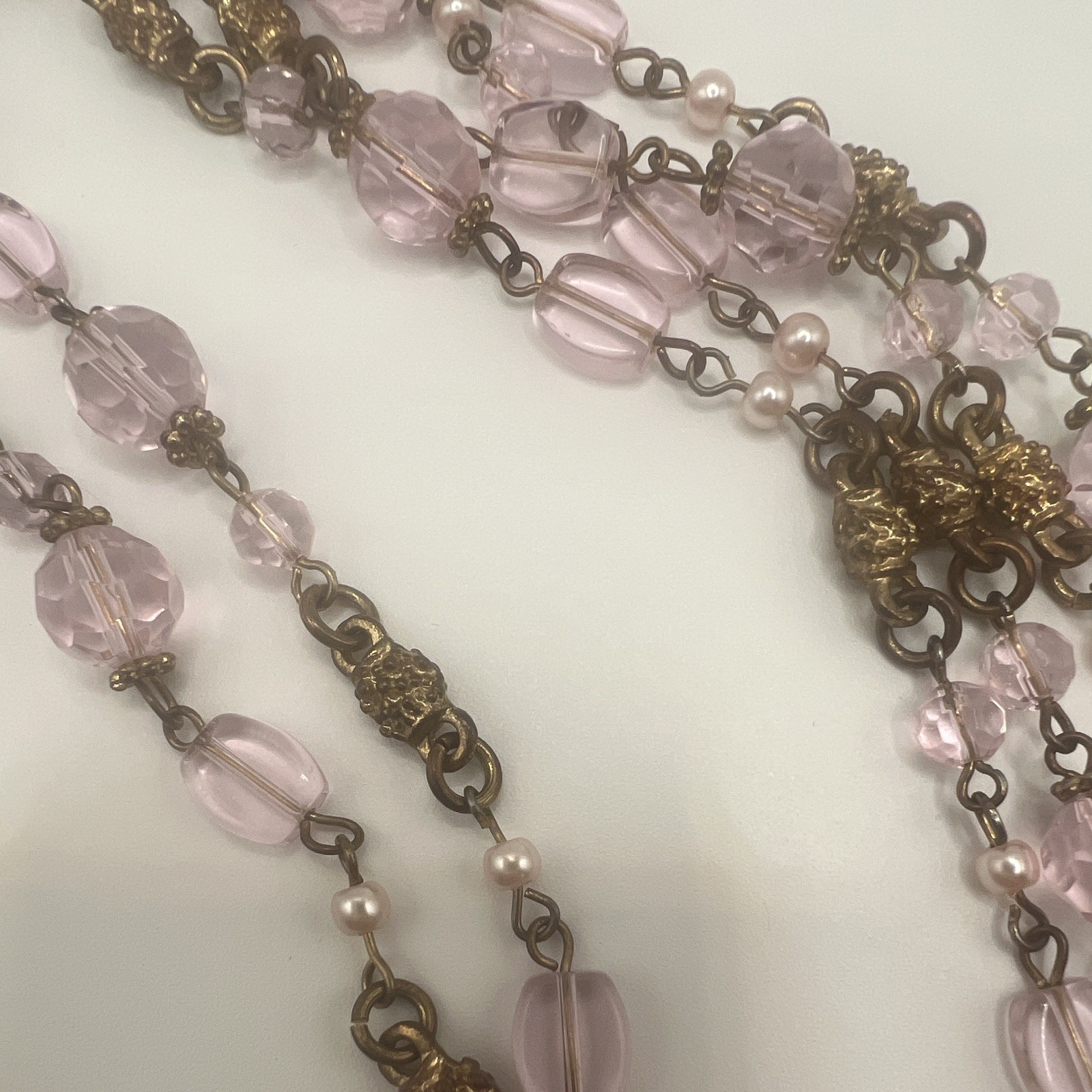 Vintage Pink Crystal Glass Long Length, Double Strand Necklace, Gold Tone Set