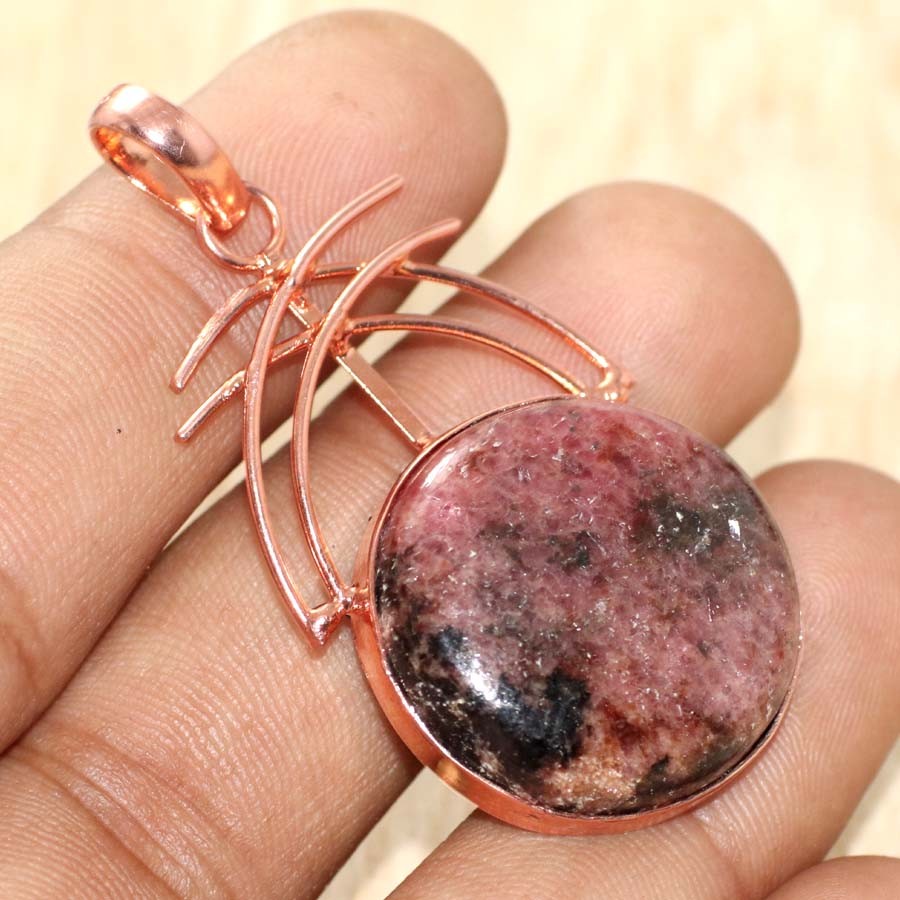 Copper Plated Round Rhodonite Pendant 2″ Bohemian Style Gift Most Beautiful MJ