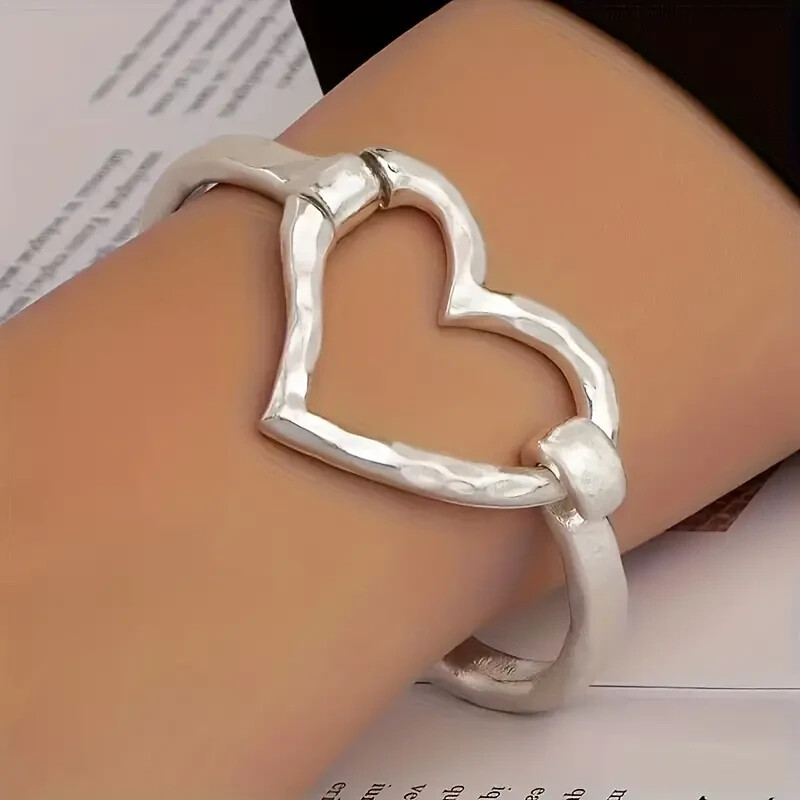 925 Sterling Silver I Love You Hollow Heart Charm Wristband Bracelet Bangle Cuff