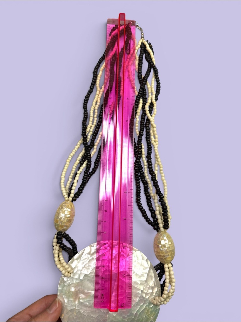 XL 1970s Mother of Pear Mosaic Pendent Multi-Strand Necklace, Bone, Seed Bead