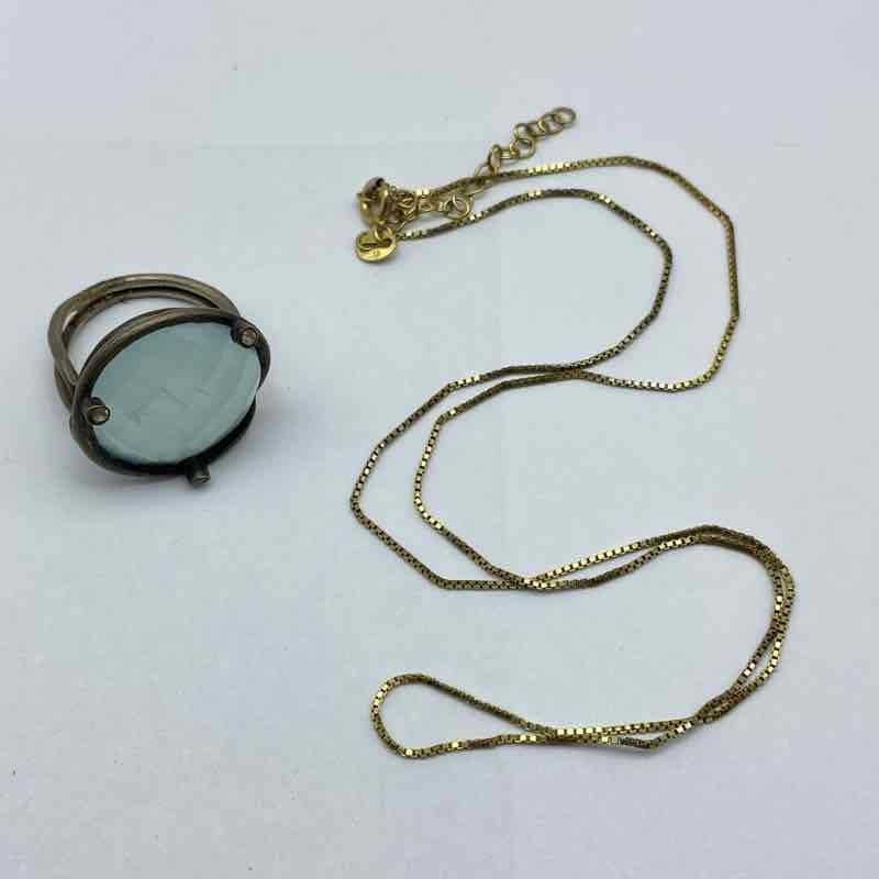 Sherines Sterling Silver 925 Blue Glass Stone Ring Size 8.75 & Necklace Set